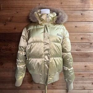 Y2K Rocawear green puffer jacket with fur hood